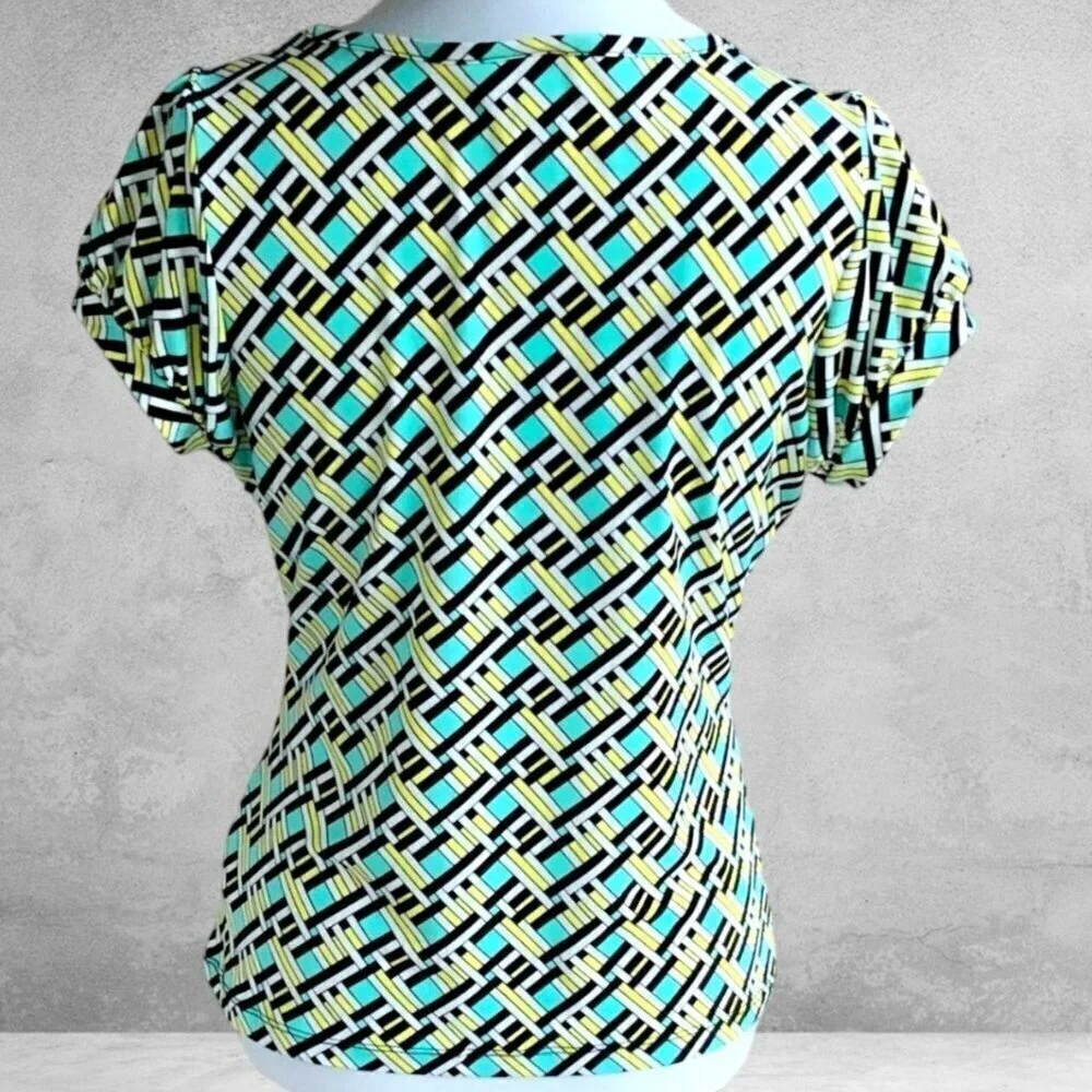 Worthington petite short cap sleeve stretch turquoise geometrical pattern PM - Picture 5 of 6